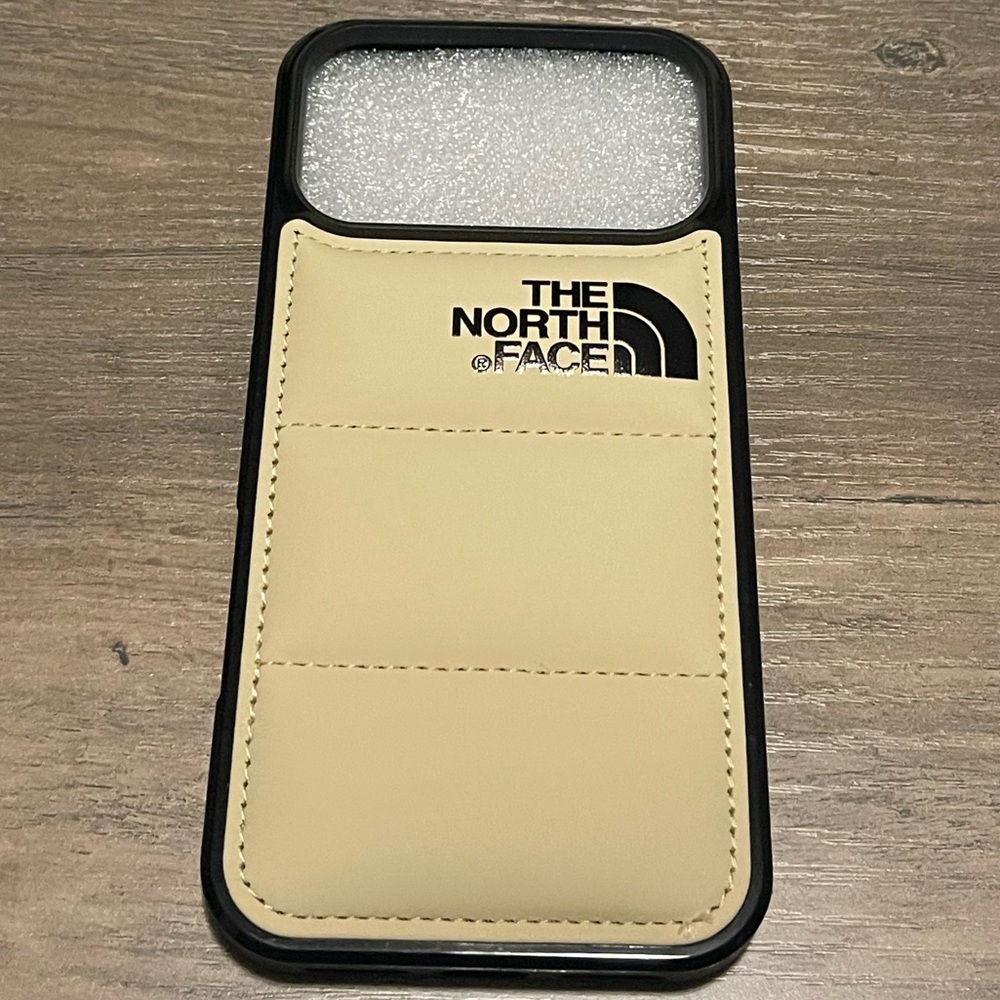 The North Face Beige Card Slot Leather Phone Case with Logo